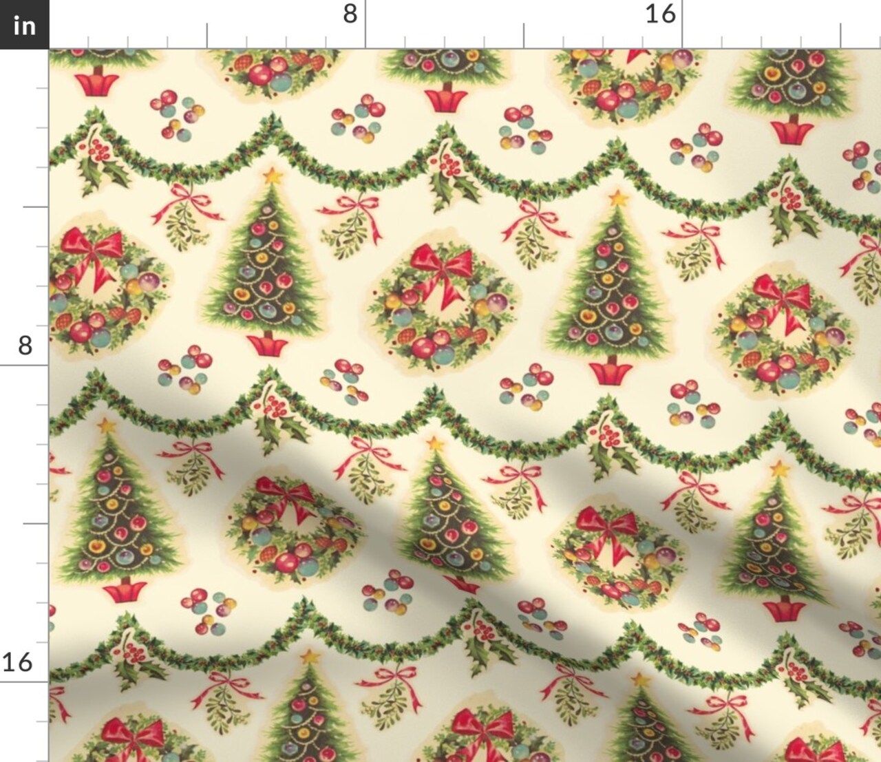 Retro Christmas Christmas Trees Holly Wreaths Vintage Inspired Nostalgic Holiday Custom Printed Fabric by Spoonflower Various Fabrics by the Yard or Fat Quarter